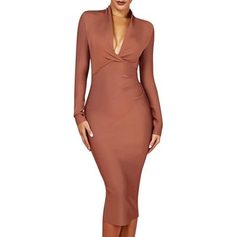 Uonbox Women's L Deep Plunge V Neck Long Sleeves Dress (Real color pic 2) Drap
